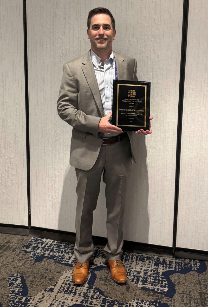  Patrick Gregory, PHMO's Assistant Director, Population Health Pharmacy Services, for being awarded Ambulatory Care Pharmacist of the Year from North Carolina Association of Pharmacists (NCAP)